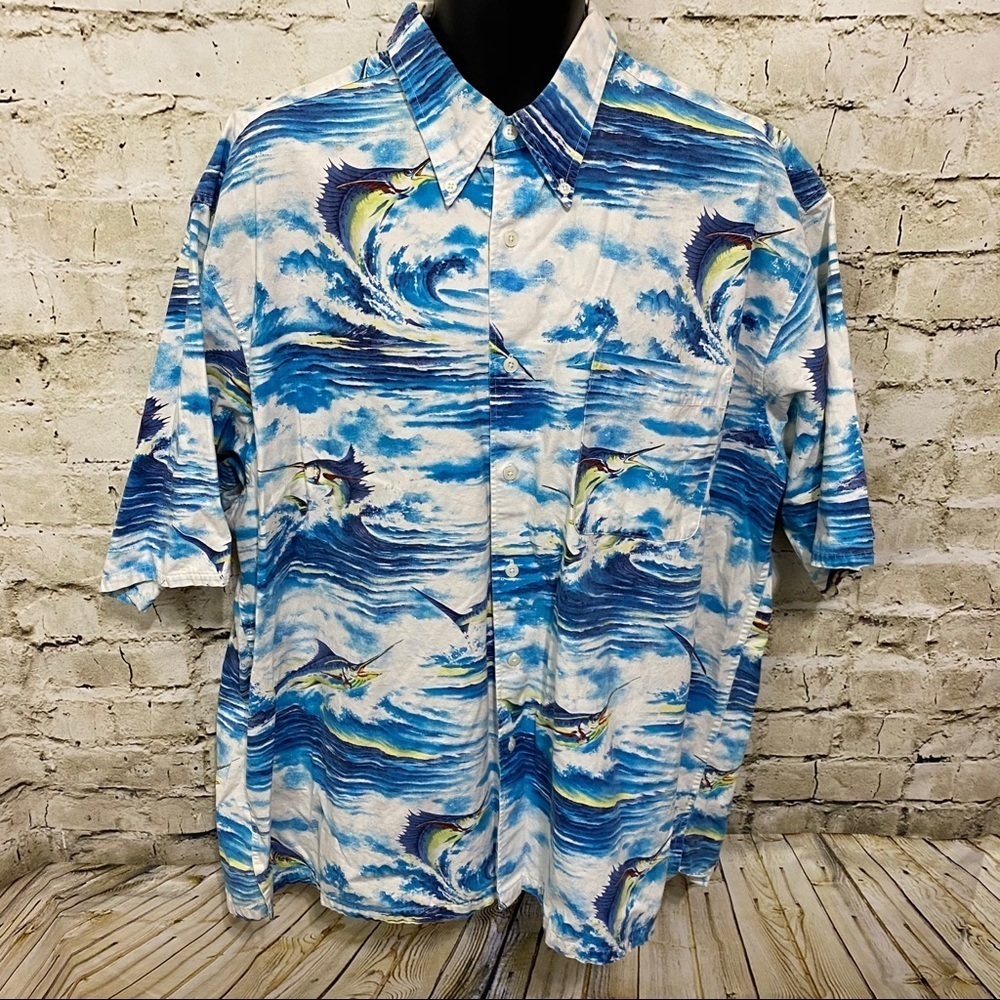 Nautica Blue White Ocean Sail Sword Fish Button Up